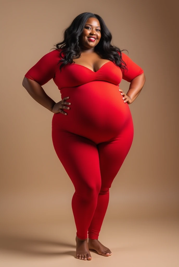 A chubby belly model in a tight red dress with her facing sideways and her belly protruding out