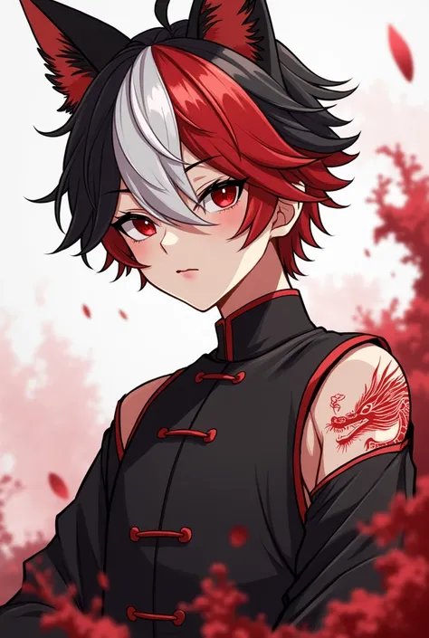 Kitsune anime gamer adult boy with short hair 3 colors, the first white on the front in the middle of red and black on the back. Ojos rojos,  black kitsune ears, traditional Chinese black Asian clothing and red dragon tattoo on one arm.