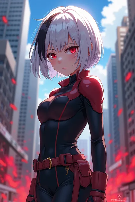 My Hero Academia 
Girl with straight white hair with black highlights short red eyes 