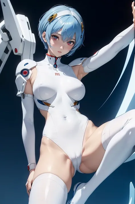 (masterpiece,  best quality,  very detailed, 8k,  wallpaper,  is present), (( perfect hand)), (( perfect anatomy)),  showing armpits , hold a Polaroid camera、feetで鑑賞者を踏む, length, Round legs, round ass, (( charming anime girl)), ((Rei Ayanami)), ((Mysteriou...