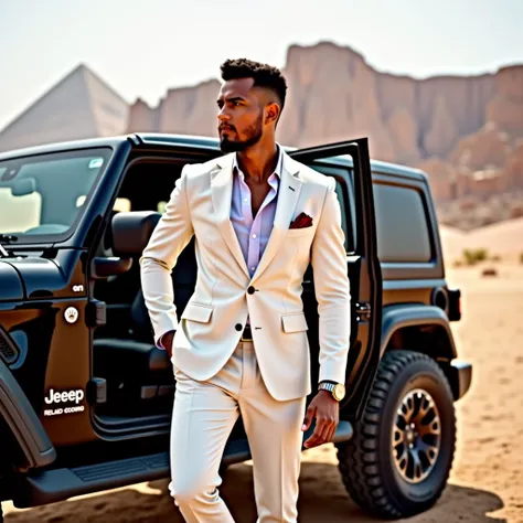 "I am in Egypt, getting out of a black jeep, wearing a white suit, with stylish shoes on my feet and a Rolex watch on my hand. I look handsome, and in the background, there are large mountains of Egypt."