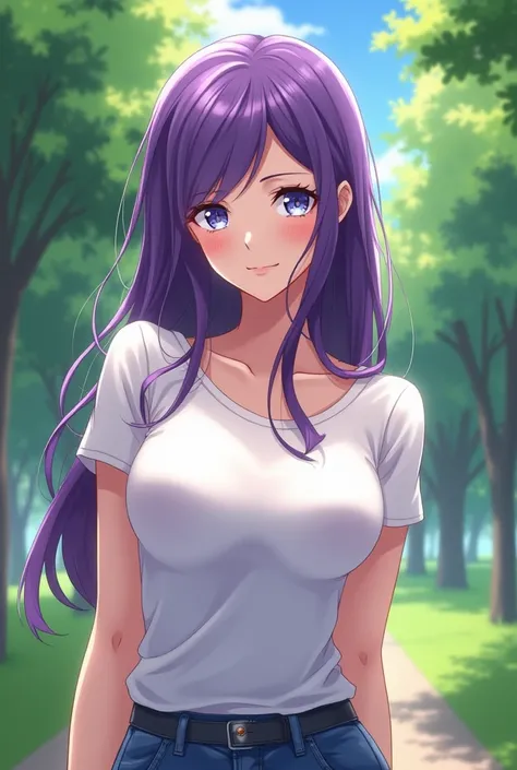 anime beauties，Purple long hair，T 恤，Big Big Boobs，meticulous，thin，Park Pose 