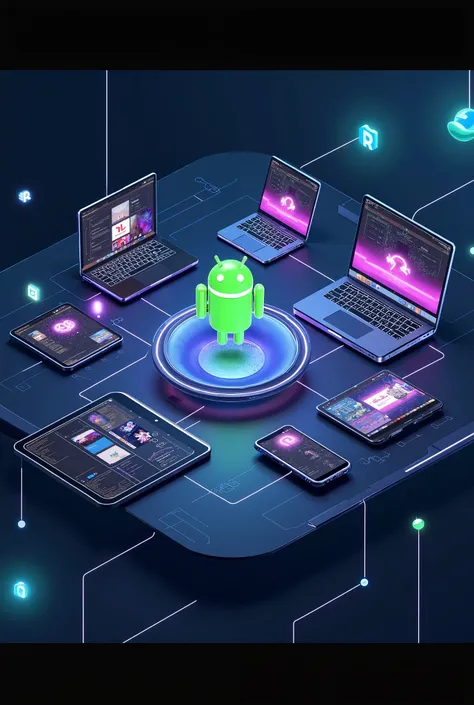 A futuristic illustration showcasing Android's adaptability across devices like foldable phones, tablets, Chromebooks, and car dashboards. The devices are interconnected, displaying an app with adaptive interfaces seamlessly adjusted to each screen size. T...