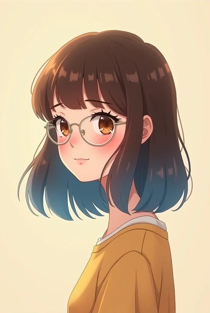 Girl which brown and blue tipped hair, brown eyes and clear glasses animated profile picture