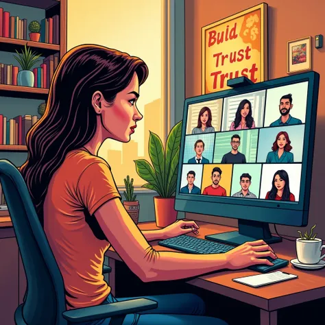 Comic book art of a woman at home in a cozy home studio on a computer on a video conference call 4 6 people noen sign “Build Trust”