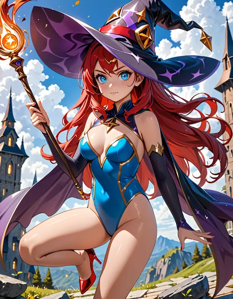 masterpiece, best quality, hires, 8k, 1girl, high school student, superhero, holding wand, superhero sorceress witch, sky witch, leotard, blue leotard with white accents, bare legs, blue thigh-highs, red high heels, witch hat, red hair, long hair, blue eye...