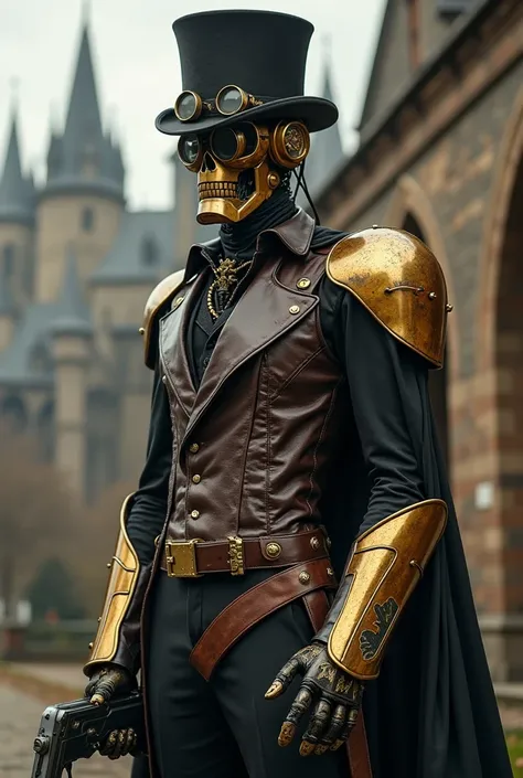 Steampunk, Victorian robot, 18th century robot, goggles, gold and brown metal robot, metal top hat, leather sports jacket, black flintlock, tuffrider boots, gothic castle background, gothic castles background