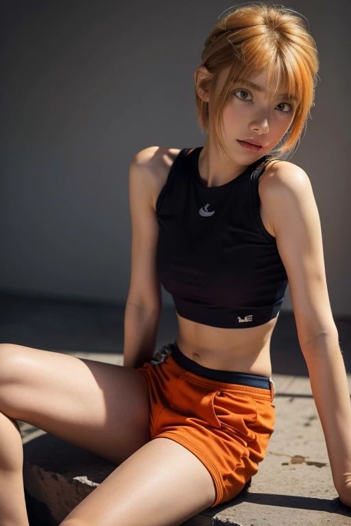 Astrid,  short hair,  orange hair ,  slim body,  small bust, yes blouse,  ropa deportiva,  pretty legs,