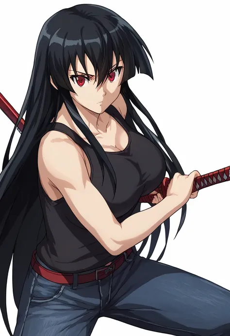 score_9, score_8_up, score_7_up, source_anime, anime screencap, 1girl, solo,akame, long hair, black hair, red eyes, hair between eyes, large breasts,tank top, Jeans,battoujutsu stance, looking at viewer, holding, weapon, sword, holding weapon, holding swor...