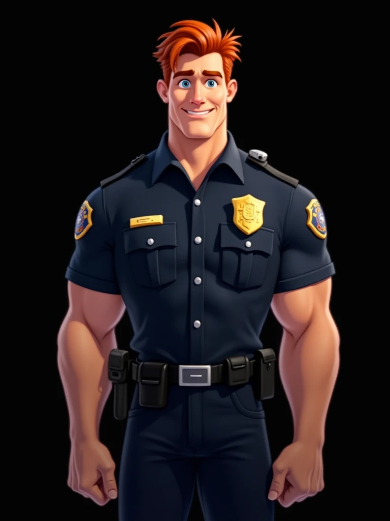 man, fair skin, blue eyes, red hair, dressed police uniform, black pants, standing up, muscular pose, confidence smile, black background, portrait, disney 2d style