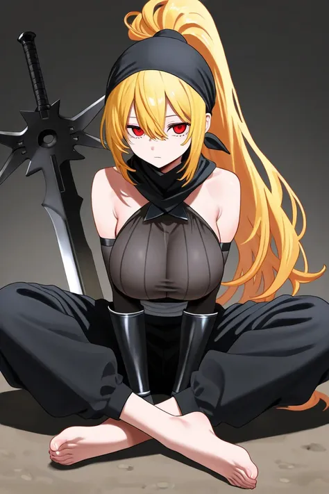 Blonde、 ponytail、 red eyes、Narrow eyes、Shuriken、 black bandana、Ninja costume、 black mask 、 big breasts、 1 woman、 expressionless 、 Black Muffler 、Big Sword、 barefoot、run、 black pants 