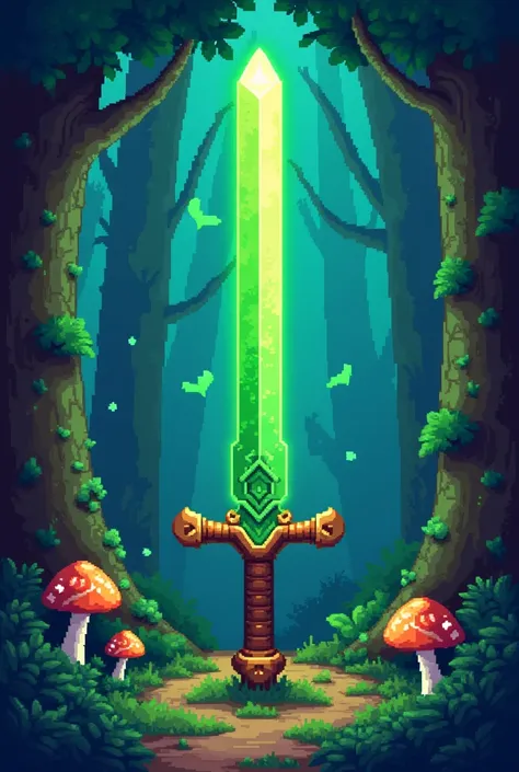 Make a small colorful pixel art sword with a forest theme