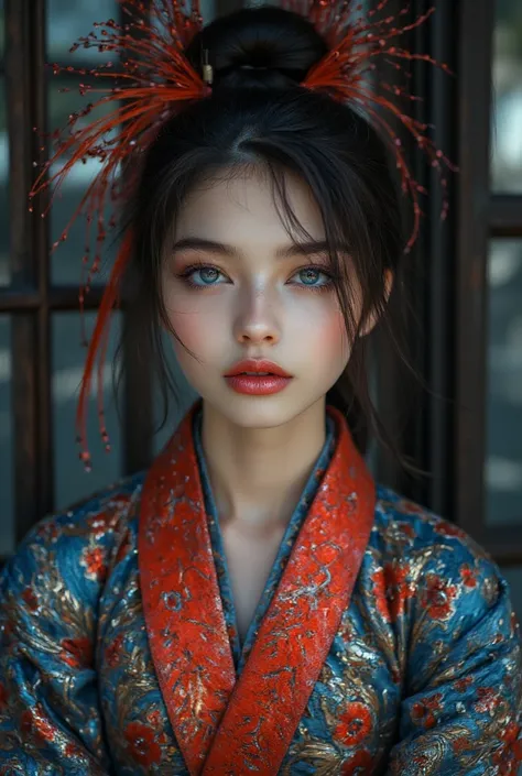 (Best Quality, 4K, 8K, High Resolution, Masterpiece: 1.2), (Super Detailed, Realistic, Photorealistic:1.37)A captivating young girl, donning a striking ensemble of red and blue, stands before a window with an air of toughness and determination. Her enchant...