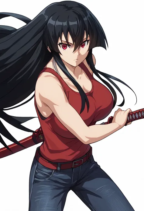 score_9, score_8_up, score_7_up, source_anime, anime screencap, 1girl, solo,akame, long hair, black hair, red eyes, hair between eyes, large breasts,tank top, Jeans,battoujutsu stance, looking at viewer, holding, weapon, sword, holding weapon, holding swor...