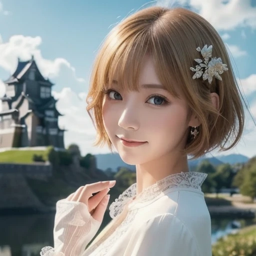 ((masterpiece, best quality)), 1 girl,Alone, (((Nishiki Castle Senri))),  short hair while on a business trip, Light yellow hair, Alone,  dress ,  detailed eyes,  viewers,   LONG SLEEVE ,  is standing, white  dress ,  gloves,  hair ornament,  Black Jacket ...