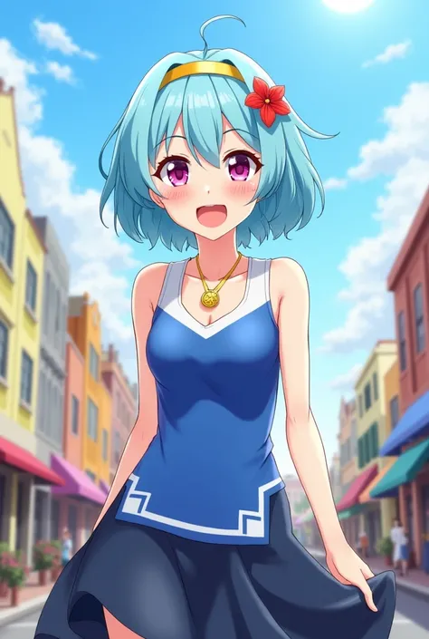 Anime girl  with short, sky-blue hair and vibrant magenta eyes. She wears a golden headband and a red flower accessory on her hair. Her outfit consists of a sleeveless blue top with white accents, complemented by a gold necklace with a circular pendant, an...