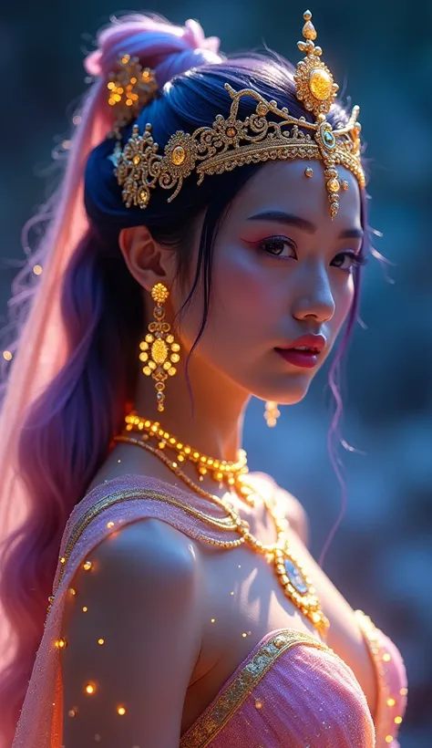 Shot with a Leica SL2 camera and a 105mm, the celestial princess, "Pearl of Asia," radiates mixed-heritage beauty. Her glowing skin shimmers in cosmic hues, blending starlight with deep tones. Adorned with intricate gold ornaments and celestial jewelry, sh...