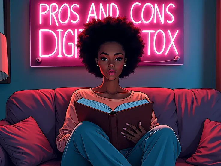 Comic book art of a black woman at home in a couch reading a book with noen sign in background  “pros and cons digital detox”