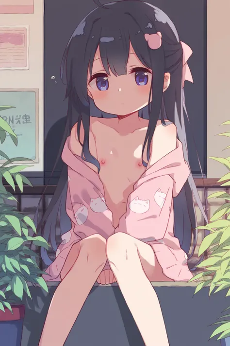 Young girl,, black hair,Erotic,nsfw,Petite,Young,Young girl体型, ,outside, oversized,big pink cat print hoodie,Petite,blush,,blush, is standing,  moe sleeve, cute,v,Beautiful legs, sitting on a chair,Thigh Gap,sleepy,Wander off , is sticking out one shoulder...