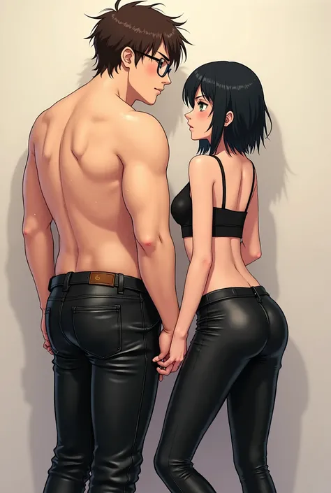 anime couple in black leather pants standing next to each other, Two young sweaty and disheveled agers, makoto shinkai and artgerm, range murata and artgerm, couple pose, makoto, ecchi anime style, anime moe artstyle, beautiful alluring anime , various sed...