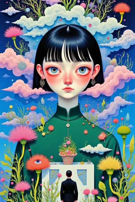 A painting of a woman in green clothes and clouds, Jane Newland, inspired author：Hiroshi Nagai , author：Hiroshi Nagai , Marvelous fantasy landscape painting , Colorful illustration, Colorful illustration, author：Nobutada Yanagawa, Cutting air.  pop surreal...