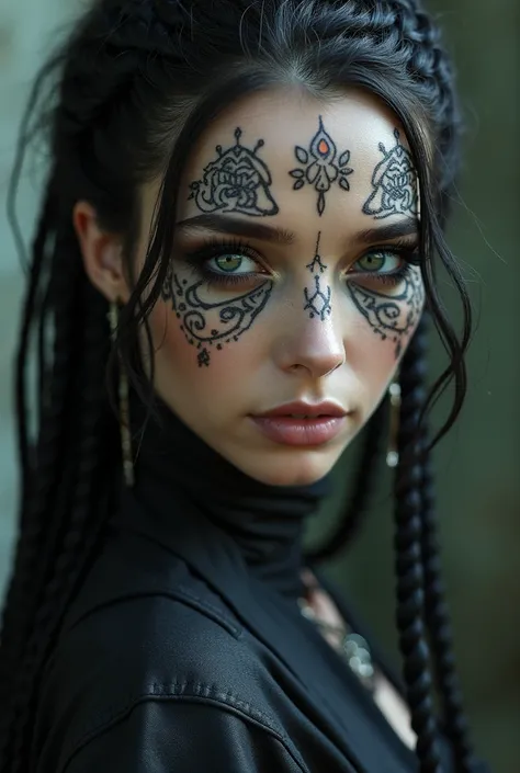  close up of a woman with tattoos on her face,  dark elf, fractalpunk, Braids, intricate hair,  Matte painting portrait shot ,  beautiful female android ,  black leather, She is dressed in shaman clothes, tattooed face, cryptopunk, heavy makeup