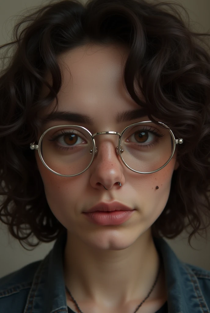 An avatar of a ,  With curly hair,  at shoulder height in dark brown color ,  slightly rounded silver frame glasses ,  dark brown eyes and also eyebrows ,  a septum piercing and a small dot on the right side of the face, near the mouth ,  a faint mysteriou...