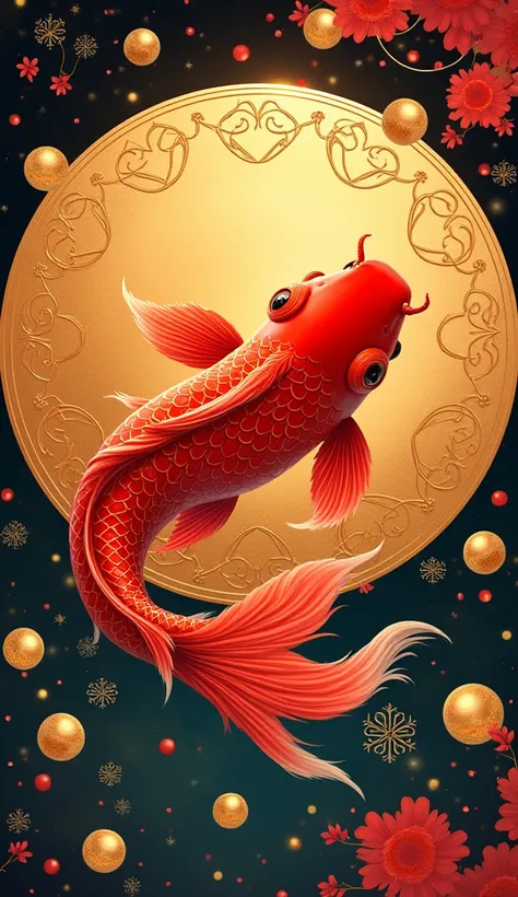  around the jewel to create a round image of a koi,  looks red ，Circle around the gold jewels, Chinese animation style 