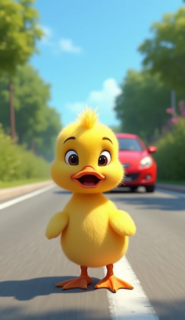 "A Pixar-style illustration of the same small, bright yellow duckling standing frozen in the middle of a paved road. The duckling has smooth, shiny feathers, an orange beak, small round black eyes, and is about 25 cm long. The duckling looks scared, with w...