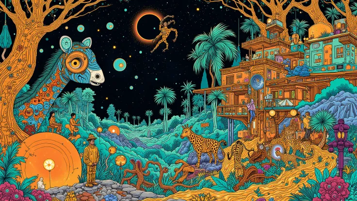 Like a jungle drawn with a thin brush々Animals, and other items 々, dmt Death of Ego , Exquisite Futuristic Art    , DMT Art,    DMT Egodes    ,     Art drawn by Keiichi Tanaami in the style of Dan Mumford and Alex Grey,  Psychedelic Transart ,  Ultra Detail...