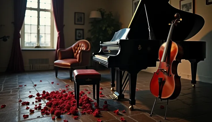  Black roses and fallen petals on a damp stone floor A grand piano with a cello next to it in a room with dim light,  or a more abstract image that combines elements from both instruments. A burning fireplace with an armchair nearby ,  A faint light that f...