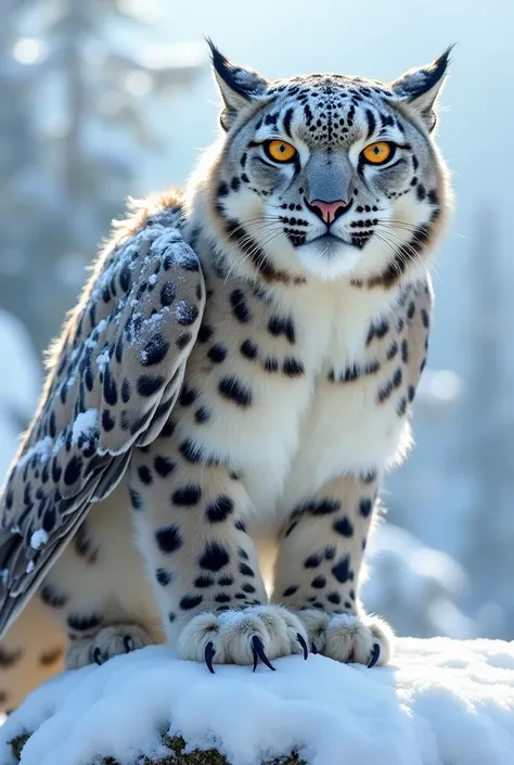 On the snowy mountainside, a majestic frost sentinel stands as the perfect fusion of an owl and a snow leopard. Its powerful, spotted leopard body transitions into soft, white feathers along its shoulders, wings, and tail, blending seamlessly into the fros...