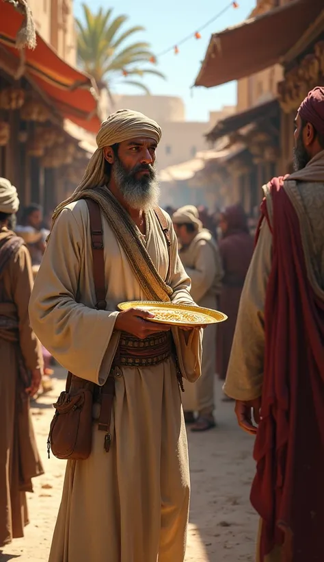 4. Selling the Golden Plate
Visual: (Islamic) The Bedouin walks into a bustling village marketplace, holding the golden plate. He hands it to a shopkeeper in exchange for food items.