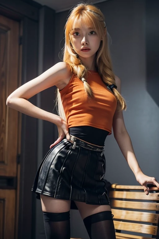 Astrid,  orange hair ,  slim body,  small bust,  black tights ,  mini skirt,  pretty legs,