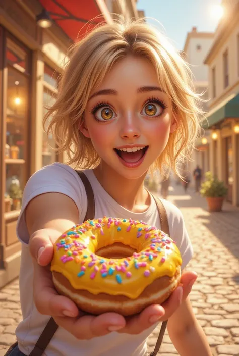 illustration, close-up, 
A vibrant and cheerful anime-style illustration of a girl holding out a colorful donut in the foreground. The donut is coated with bright yellow icing and topped with multicolored sprinkles, its glossy texture glinting in the sunli...