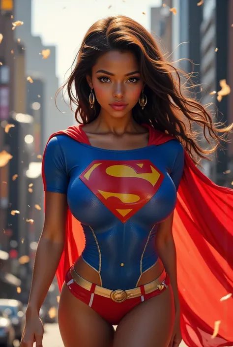 A VERY SEXY BLACK AFRICAN  FEMALE AS SUPERGIRL, WEARING A SUPERGIRL COSTUME AND CAPE.