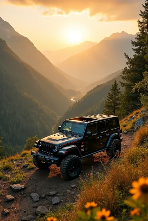 "A rugged off-road jeep stands proudly on a rocky cliff, overlooking a breathtaking valley bathed in golden sunlight. Lush green forests stretch into the distance, with misty mountains rising beyond the horizon. The sky is painted in hues of orange and pur...