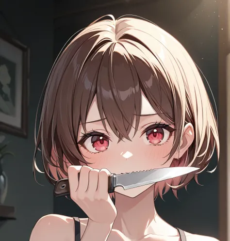 (masterpiece,  top quality,  portrait , 8k, 4K,  high resolution,  very high resolution :1.3),  Beautiful girl , Girl with short hair ,  holding a knife in one hand, bitter expression )
(Detailed textured lighting ,  detailed surface lighting ),