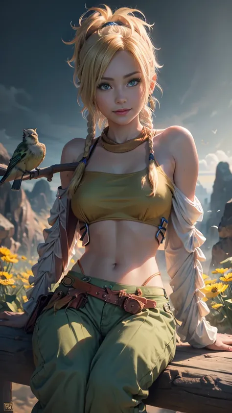 Rikku, solo, looking at viewer, smile, shirt, bare shoulders, jewelry, sitting on a spring, full body, flower, earrings, pants, off shoulder, crop top, makeup, bird, border, sun, mid day, off-shoulder shirt (realistic:1.2), (realism), (masterpiece:1.2), (b...