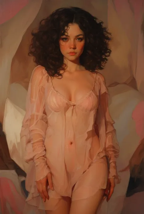 **"A sensual portrait of a woman with
voluminous, very curly hair cascading
around her shoulders, framing her
delicate and confident features. She
wears a sheer, flowing negligee in soft,
translucent fabric that catches the light
subtly revealing her nippl...