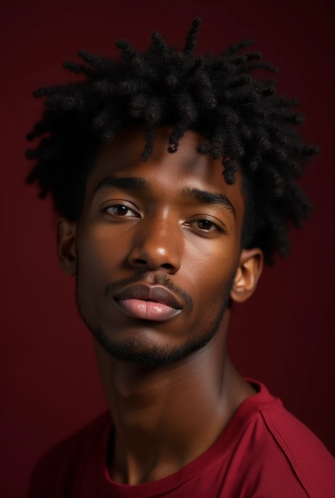 Victor Vinda young wide nose dark lips curly hair up to the shoulder long brown skin few hairs on the eyebrows with a baby face without a beard and without a beam photo taken with a wine red background with a Sony A7RIII camera contrasts and focus on the f...