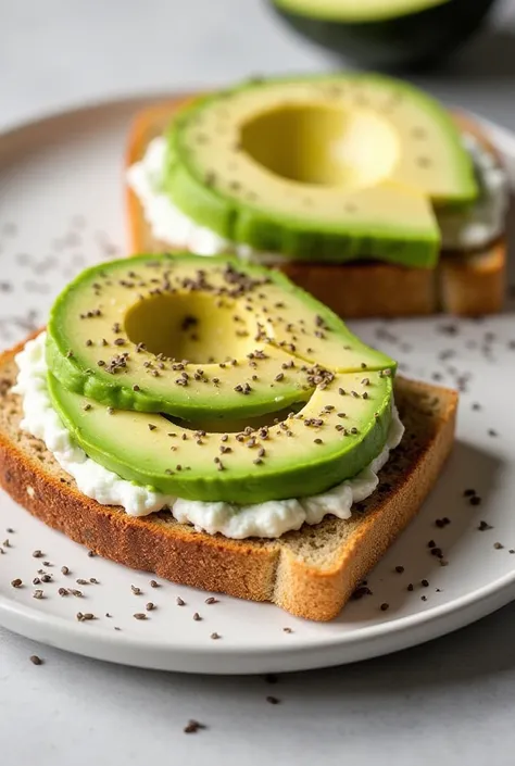 Create an image of the recipe below Recipe 6:  Whole Grain Bread with Cottage Cheese and Avocado

Ingredients :

 1 slice of whole wheat bread

2 spoons  (Soup) 

1 / 4 of avocado slices

A pinch of black pepper

Chia seeds to decorate (Optional)


Prepara...