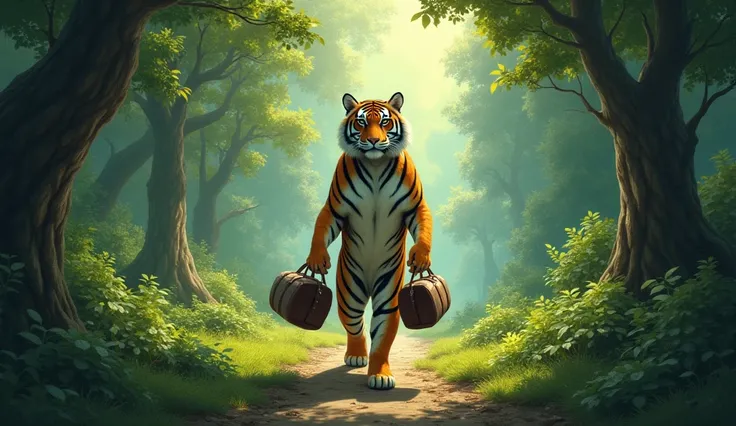 "A surreal scene of a tiger standing upright like a human, holding travel bags in both hands, as it walks through a dense forest. The tiger has a determined expression, its striped fur glowing under dappled sunlight filtering through the trees. Behind it l...