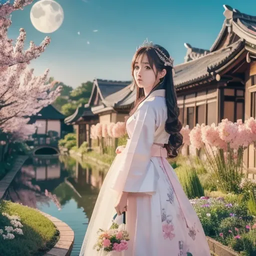  best quality, expensive_resolution,  clear_ images,   detailed background  , girl , hanbok,flower,garden,moon,   knight , Dutch angle,  wide shot,  crown, 