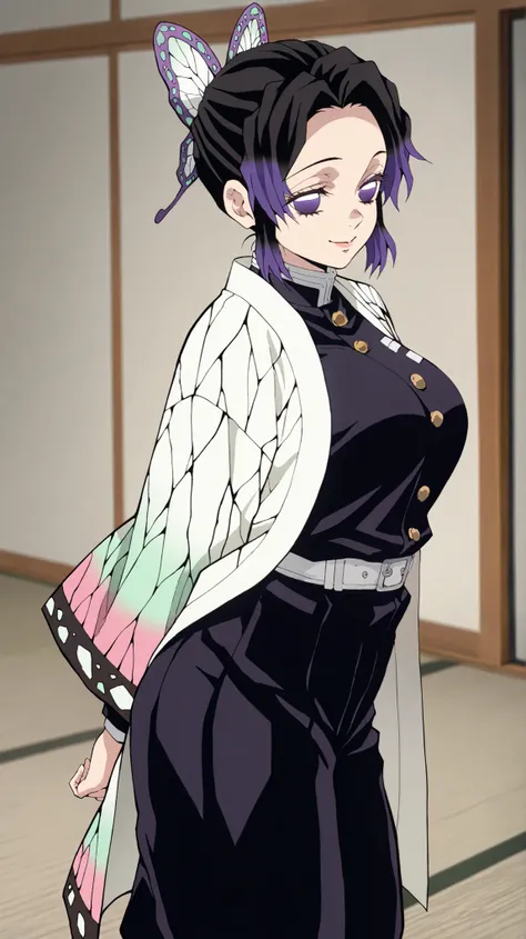 Shinobukochou
High quality ,  top quality , masterpiece,  high res, detailed face ,anatomically correct ,
 1 girl, Alone, 1 woman ,solo, Detailed hairstyles (lora: Shinobu Kochou)
,  Shinobu Kocho,   black tied hair  ,,  butterfly hair ornament,  purple ey...