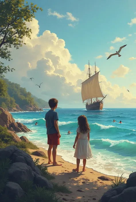 A boy and a girl are talking by the sea. And the ship is sailing away in the sea. The color of the sky is beautiful and some birds are flying. Some people are swimming in the sea. The surrounding nature is very beautiful.