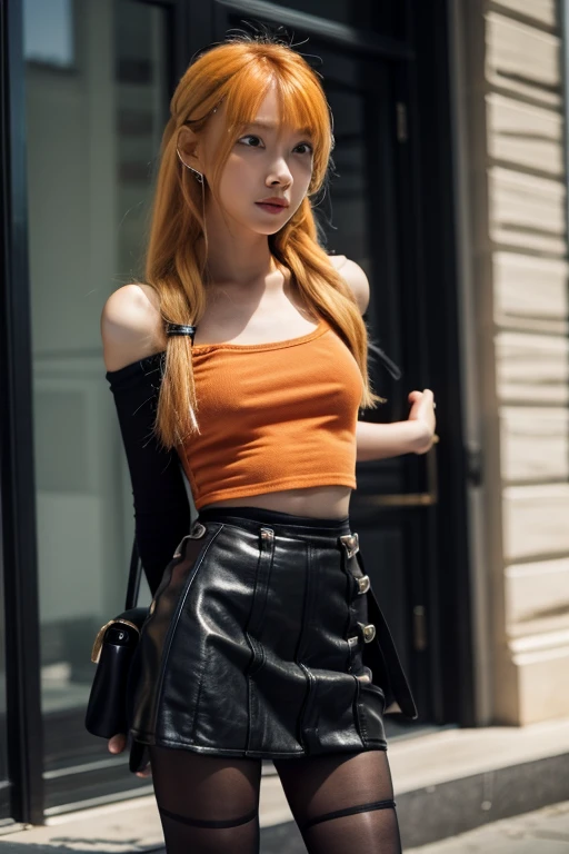 Astrid,  orange hair ,  slim body,  small bust,  black tights ,  mini skirt,  pretty legs,