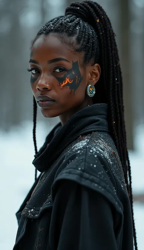  A fiery Nubian witch in her 20s , flame burns in the eyes , winter,  dark leather,  interesting Nubian hairstyle with dreadlocks,  jewel in her hair , dark face tattoo very nice face 