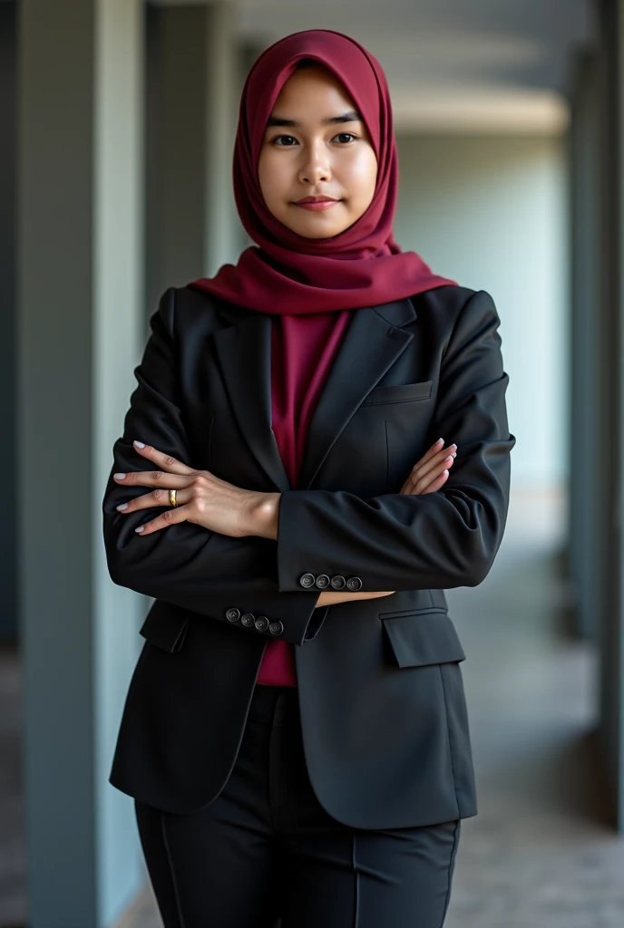 Alexis wears a lawyer's uniform and wearing a hijab