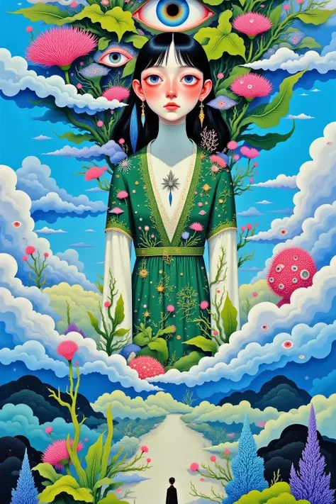 A painting of a woman in green clothes and clouds, Jane Newland, inspired author：Hiroshi Nagai , author：Hiroshi Nagai , Marvelous fantasy landscape painting , Colorful illustration, Colorful illustration, author：Nobutada Yanagawa, Cutting air.  pop surreal...